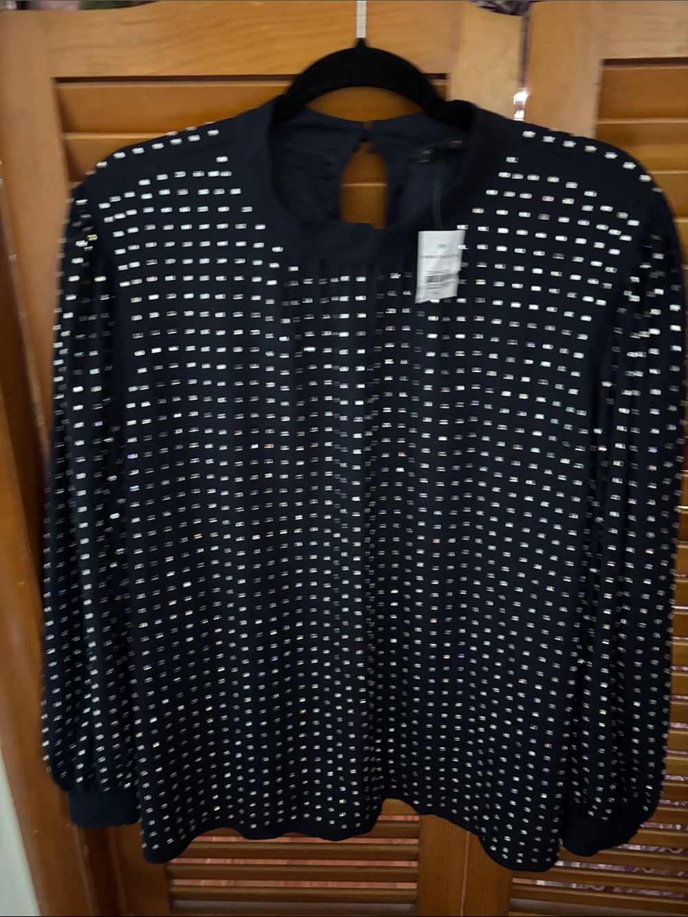 Ann Taylor Navy Stud-Embellished Crewneck Long Sleeve Top